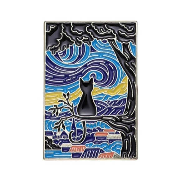 Starry Night Black Cat Enamel Pin Van Gogh Oil Painting Brooch Lapel Badge Set 4 - Picture 3 of 14